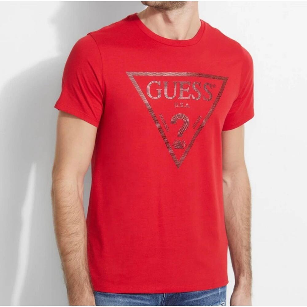 Guess Men's Red V-Neck Graphic Logo T-Shirt Fitted Cotton Tee Medium